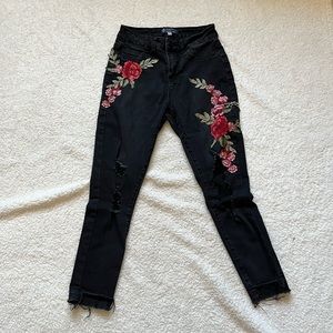 Black Ripped Jeans w/ Floral design on legs